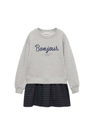Vestito felpa grigio a maniche lunghe con testo "Bonjour" sul davanti e gonna plissettata nera con motivo a griglia bianca attaccata all'orlo.