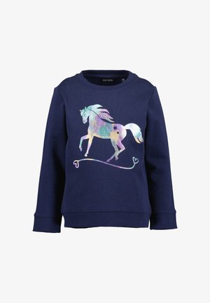 Sweat-shirt enfant à manches longues bleu foncé avec un motif licorne et cœur brillant et coloré sur le devant.