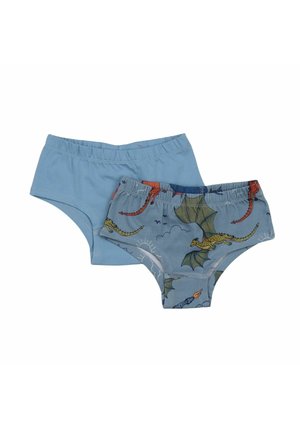 Two pairs of toddler underwear, one solid light blue and one light blue with colorful dragon prints and elastic waistbands.