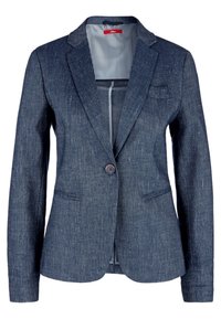 Jeansblazer, mörkblå, enkelknäppt, långa ärmar, slag med hakskärning, två framfickor, randigt innerfoder.