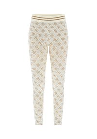 Legginsy z lekkiej beżowej tkaniny z powtarzającym się wzorem złotego logo, prążkowaną fakturą oraz paskiem w paski. Dopasowany fason.