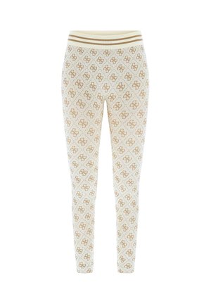 Leggings aus einem hellbeigen Stoff mit einem wiederholenden goldenen Logomuster, gerippter Textur und einem gestreiften Bund. Eng anliegendes Design.