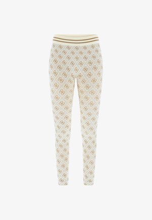 Leggings aus einem hellbeigen Stoff mit einem wiederholenden goldenen Logomuster, gerippter Textur und einem gestreiften Bund. Eng anliegendes Design.