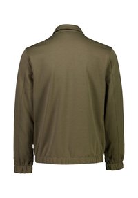 Olivgrüne Jacke mit Kragen, elastischen Bündchen und nahtlosem Rückendesign. Hergestellt aus einem weichen, leichten Stoff.