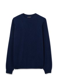 Maglione girocollo blu navy realizzato in lana morbida, con maniche lunghe e orlo dritto, dalla trama semplice e liscia.
