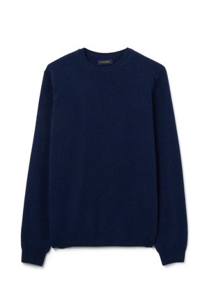 Maglione girocollo blu navy realizzato in lana morbida, con maniche lunghe e orlo dritto, dalla trama semplice e liscia.