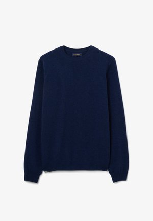 Marineblauwe trui met ronde hals, gemaakt van zachte wol, met lange mouwen en een rechte zoom, met een eenvoudige en gladde textuur.