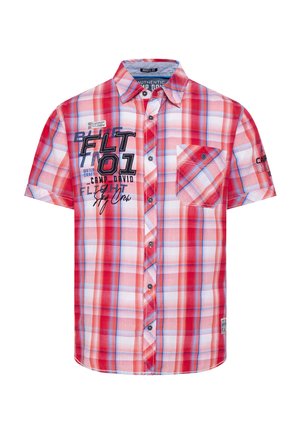 Kurzarm kariertes Hemd in Rot und Blau, aus Baumwollmaterial, mit durchgehender Knopfleiste, einer Tasche und grafischen Details auf der Brust.
