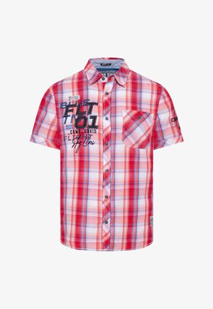 Kurzarm kariertes Hemd in Rot und Blau, aus Baumwollmaterial, mit durchgehender Knopfleiste, einer Tasche und grafischen Details auf der Brust.