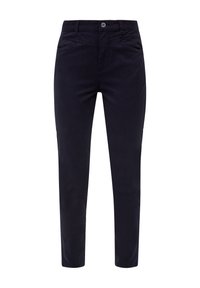Pantalon noir slim fit avec fermeture devant par bouton et zip, passants de ceinture et poches avant, présenté sur fond blanc.