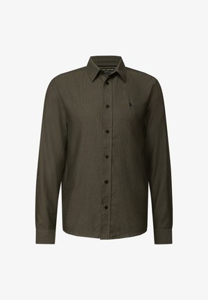 Dark green long-sleeve shirt featuring a button-up design, black buttons, a subtle texture, and a small logo on the chest.