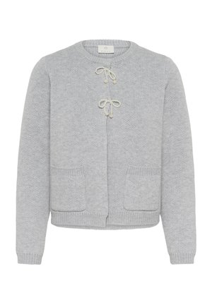 Light grey knitted cardigan with two front pockets and two decorative pearl-accented bow closures at the neckline and chest.