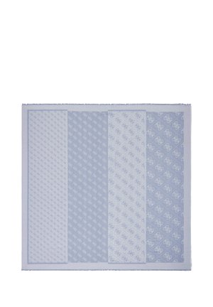 Scarf with four vertical panels in light blue and white shades, each featuring a repeating intricate monogram pattern.