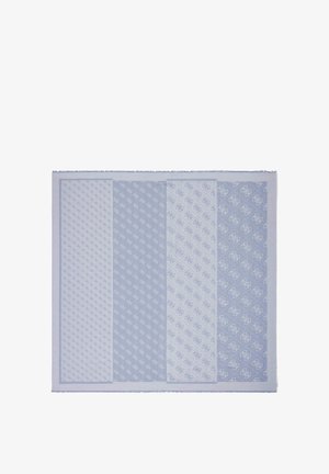 Scarf with four vertical panels in light blue and white shades, each featuring a repeating intricate monogram pattern.