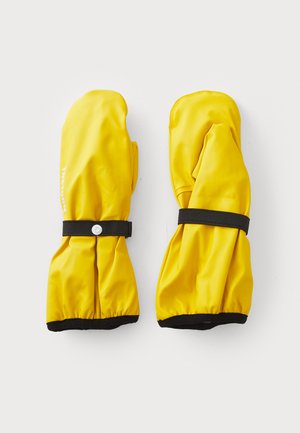 Bright yellow waterproof mittens with black cuffs and a button, laid flat against a white background.
