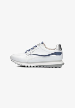 Witte leren sneakers met zilveren en marineblauwe accenten, gestructureerde afwerking, grijze rubberen zool en blauwe veters. Beschikt over een soepele en gestroomlijnde vormgeving.