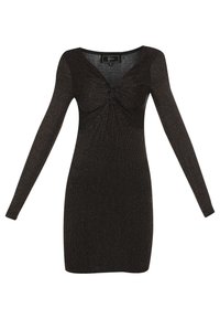 Czarna, prążkowana sukienka z długim rękawem i ozdobnym skrętem z przodu. Tkanina zawiera metaliczne nici, które nadają subtelny połysk. Dopasowany fason.