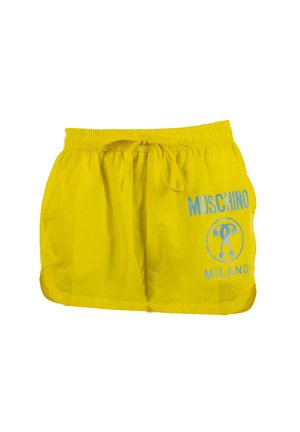 Shorts jaunes Moschino Milano avec taille élastique et cordon à l'avant, avec un logo bleu et un ourlet arrondi.
