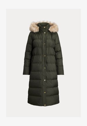 Long dark green padded winter coat with a faux fur-trimmed hood and gold snap buttons down the front.