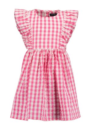 Vestito a quadretti rosa con maniche arruffate, scollo rotondo, vita elasticizzata e gonna svasata. Tessuto leggero di cotone.