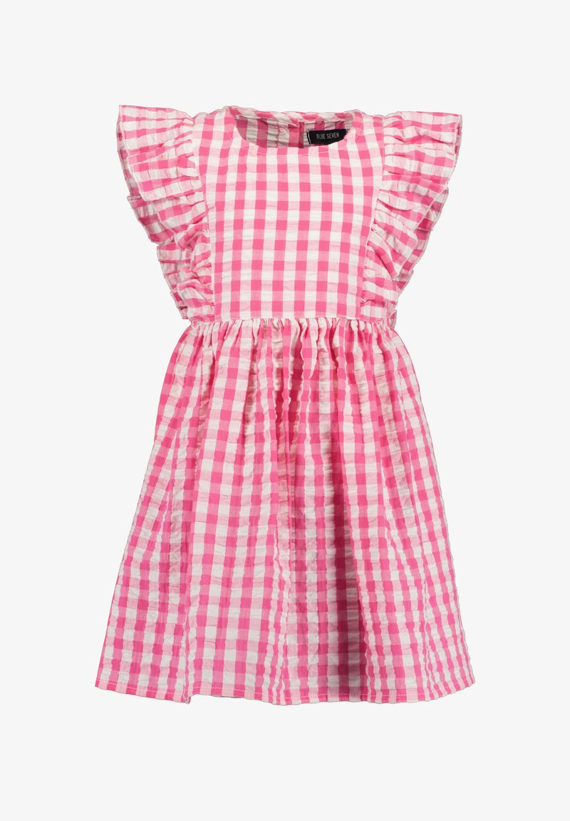 Różowa sukienka w kratkę gingham z falbankami na rękawach, okrągłym dekoltem, talią marszczoną na elastyczną gumkę oraz rozkloszowanym dołem. Wykonana z lekkiej bawełnianej tkaniny.