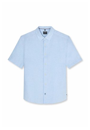 Camicia azzurro chiaro a maniche corte con collo, sei bottoni sul davanti e orlo leggermente curvo.