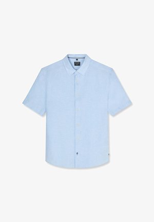 Hellblaues kurzärmeliges Hemd mit Kragen, sechs Knöpfen vorne und leicht geschwungenem Saum.