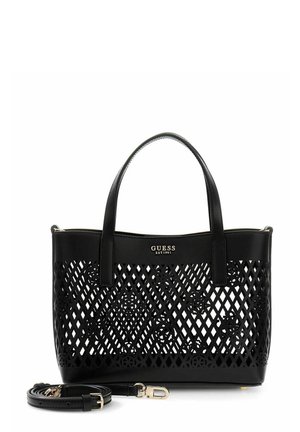 Sac cabas noir Guess avec motif découpé en forme de treillis et floral, doubles poignées supérieures et bandoulière détachable, logo métallique sur bande supérieure unie.