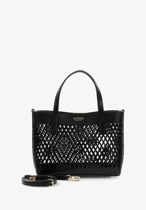Borsa tote nera Guess con motivo traforato a griglia e floreale, doppi manici superiori e tracolla rimovibile, logo metallico sulla fascia superiore solida.