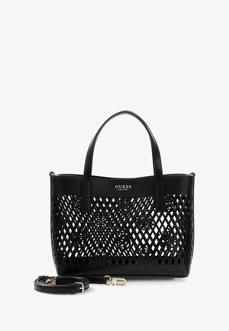 Sac cabas noir Guess avec motif découpé en forme de treillis et floral, doubles poignées supérieures et bandoulière détachable, logo métallique sur bande supérieure unie.
