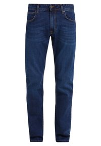 Mörkblå denimjeans med en figursytt design, fem fickor, synlig sömnad och en knappstängning i midjan. Slät textur.