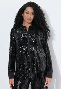 Black sequined shirt with long sleeves, button-down front, and a contrasting black collar. Shiny texture with vertical stripe pattern.