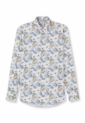 Wit overhemd met lange mouwen en knopen, bedrukt met een bloemenpatroon van blauwe, groene en bruine bladeren en kleine beige bloemen.