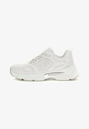 White athletic sneaker with mesh and leather upper, round toe, lace-up design, metallic silver accents, and textured sole.