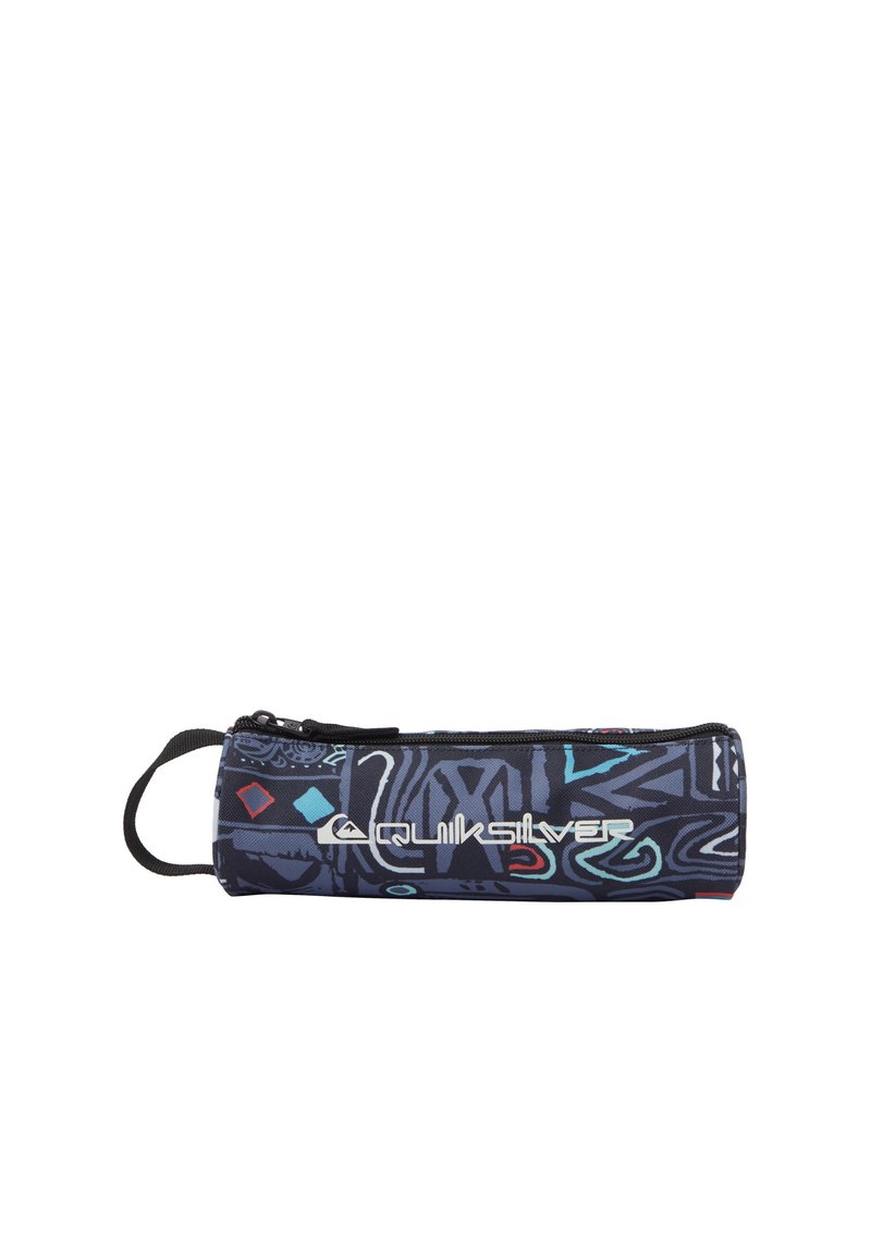 Quiksilver etui, marineblauw met geometrische patronen in turquoise en rood, ritsluiting, stoffen textuur, zijhandvat voor het dragen.