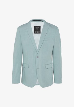 Lichtblauwe blazer van gestructureerde stof, met een sluiting met één knop, twee zijzakken en een slim-fit ontwerp.