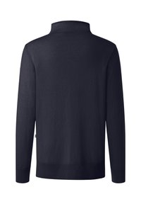 Mörkblå tröja med hög krage, långa ärmar och ribbade mudd och nederkant. Slät textur, minimalistisk design.