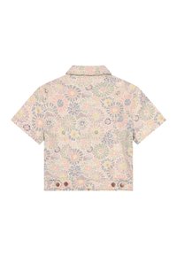 Κοντομάνικο cropped σακάκι με παστέλ πολύχρωμο floral μοτίβο και λεπτομέρειες με κουμπιά σε λευκό φόντο.