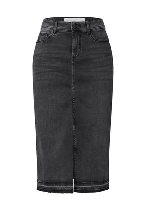 Zwarte denim pencil skirt met een aansluitend ontwerp, van gemiddelde lengte, met een voorkeursplit en contrasterende stiksels langs de naden.