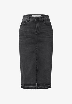 Black denim pencil skirt with a fitted design, mid-length, features a front slit, and contrasting stitching along the seams.