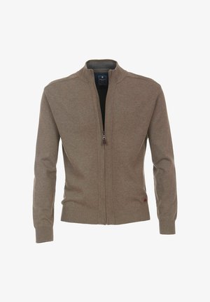 Brun zip-up cardigan lavet af blødt strikstof, med høj krave, ribbede manchetter og lige kant. Minimalistisk design uden mønstre.
