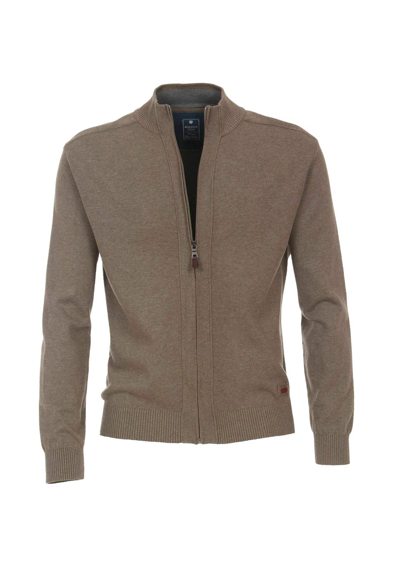 Brązowy kardigan na zamek wykonany z miękkiej dzianiny, z wysokim kołnierzem, ściągaczami przy mankietach i prostym dołem. Minimalistyczny design bez wzorów.