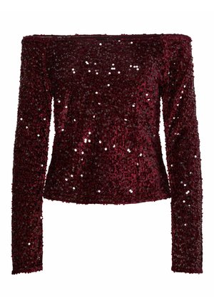 Haut bordeaux à épaules dénudées avec des manches longues, couvert de sequins réfléchissants, offrant une finition texturée et étincelante.