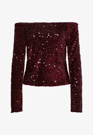 Burgundy off-shoulder top with long sleeves, covered in reflective sequins, providing a textured, sparkling finish.