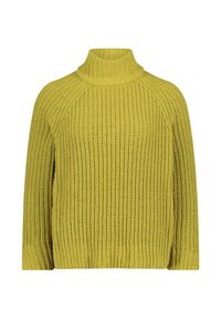 Senfgelbes Strickpullover mit hohem Kragen, gerippter Struktur und überschnittenen Schultern; verfügt über seitliche Schlitze und eine lockere Silhouette.