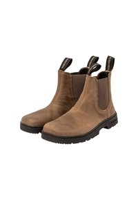 Botas de tobillo marrones de cuero con paneles laterales elásticos, suelas de goma negras y tiradores traseros para facilitar su uso. Textura suave con una decoración mínima.