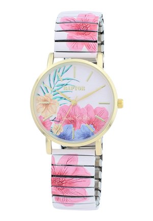 Women's watch with a gold-tone case, floral print on a white silicone strap, and a colorful flower design on the dial.