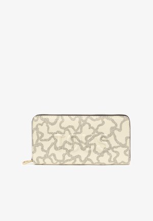 Kremowy skórzany portfel z wytłoczonym abstrakcyjnym wzorem w odcieniach szarości. Posiada zamek błyskawiczny i złotą zawleczkę.