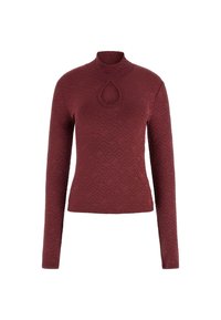 Langsleeve, bordeaux top met een geperforeerd geometrisch patroon, met een hoge hals en een uitsnijding in sleutelgatstijl.