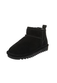 Schwarze Wildleder-Stiefelette mit abgerundetem Zehenbereich, genähten Akzenten und einer strukturierten Gummisohle. Verfügt über einen Ziehschlauf für einfaches Anziehen.